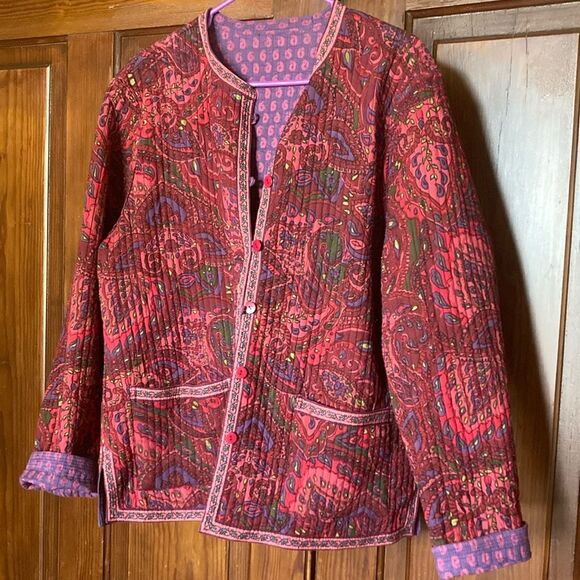 Reversible Quilted Indian Paisley Floral Button Pink Purple Jacket Pockets XL? - Picture 1 of 9
